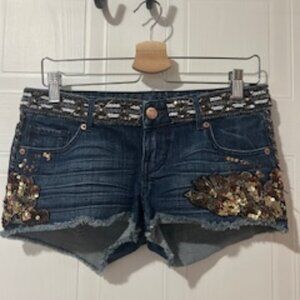 EXPRESS | Sequin-Trimmed Distressed Denim Shorts | Size 2